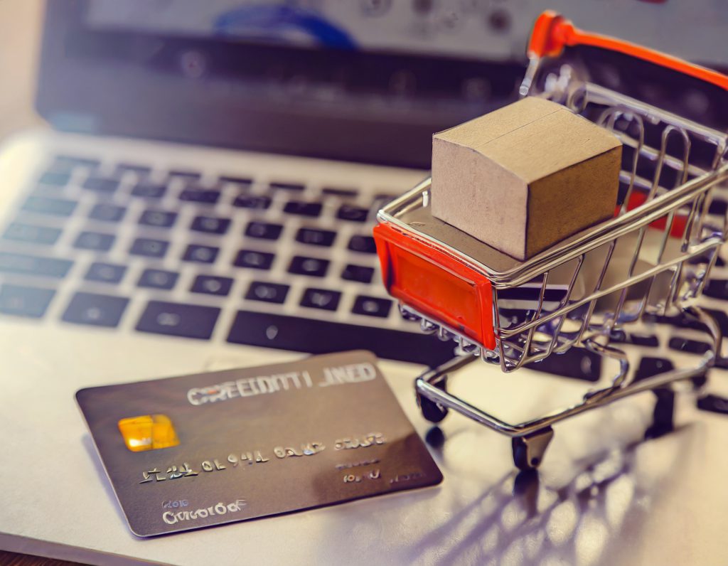 A shopping cart and a credit card on a laptop keyboard. The image symbolises "ecommerce"