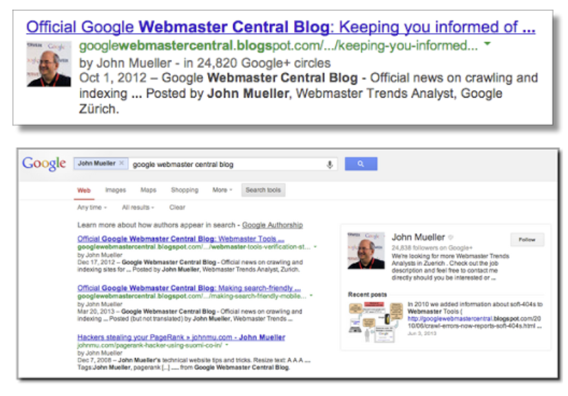 Screenshot of "authorship" in search results in action from an old Google Webmaster Central blog